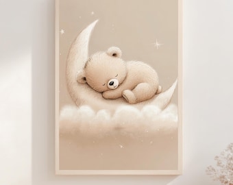 Schlafenden Teddybär auf Wolke Kinderzimmer Wandkunst, Neutral Beige Märchenbuch druckbare, Baby Zimmer Dekor, Instant Download