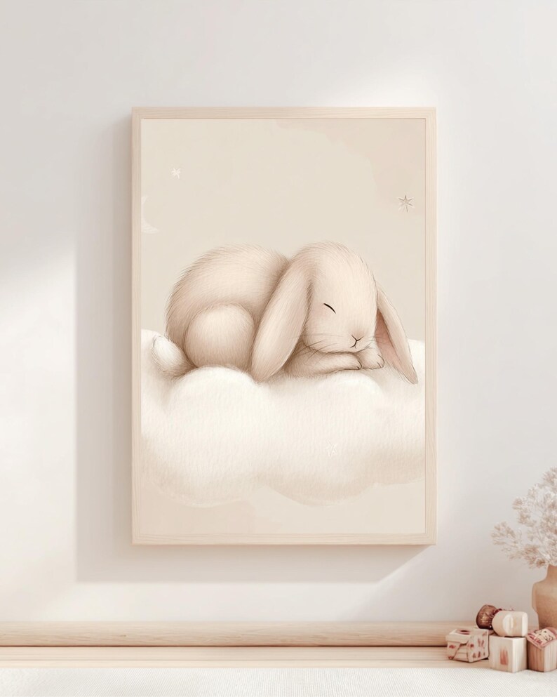 Neutral Nursery Wall Art Set of 3, Sleeping Bear Bunny Elephant Prints ...