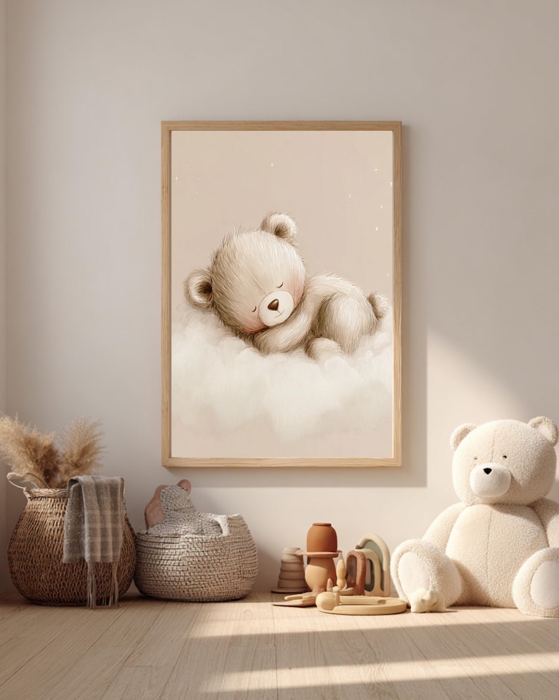 Neutral Nursery Wall Art Set of 3, Sleeping Bear Bunny Elephant Prints ...