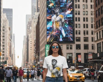 graphic t shirt Yellow Paint Splash: Soccer Player Portrait Cotton Tee