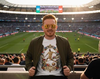 soccer tee with gold player, ornate floral frame, retro ball print