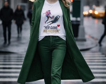 Soccer shirt Unisex White Tee: Her Game His Passion, Couple Illustration, Soft Cotton S-2XL
