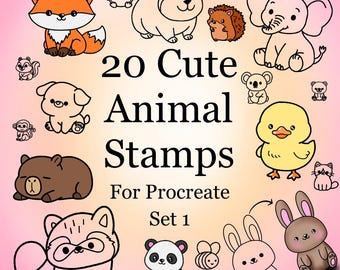 20 Cute Animal Stamps for Procreate | Land Animal Stamps, Set 1 | Cartoon Animal Clipart | For Beginner and Pro Procreate Artists