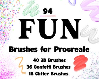 Pakiet Fun Pack do Procreate | 3 zestawy | 94 pędzle cyfrowe | Pędzle 3D, brokatowe i konfetti | Do napisów, projektów, rysunków itp.