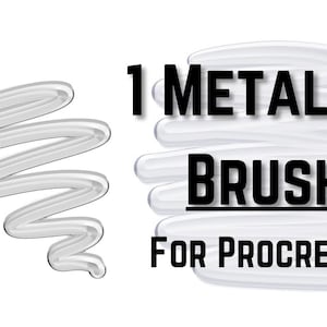 May include: White digital art brushstroke and text on a white background. The text reads "1 METALLIC BRUSH FOR PROCREATE". The brushstroke is a wavy, metallic silver line.