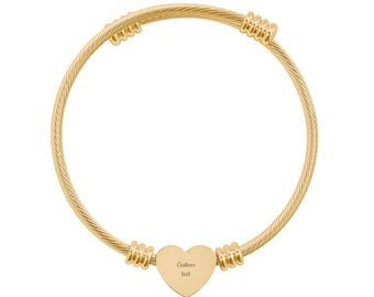 Custom Engraved Heart Bracelet | Personalized Heart Bangle, Silver or Gold | Personal Gift for Couples, Friends, Initials, and More