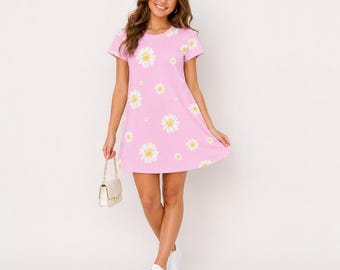 Daisy Pattern Pink T-Shirt Dress | All-Over Print | Floral Tee Dress