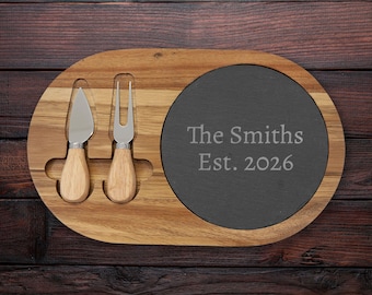 Personalized Charcuterie Board | Engraved Acacia Wood | Custom Wedding Gift, Anniversary Gift, Birthday Gift | Slate Inlay, Cheese Knife Set