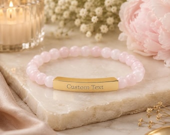 Custom Engraved Natural Stone Bar Bracelet | Stretch Stone Bracelet | Custom Engraving | Choose your text, font, and stone