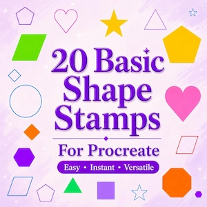 Set di 20 timbri di forme base per Procreate / Forme geometriche / Per arte digitale, illustrazione e progettazione grafica / Cerchio, cuore, stella, quadrato ecc.