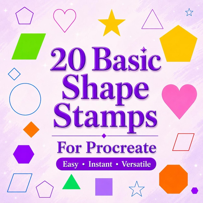 Zestaw 20 podstawowych stempli Procreate Shape | Kształty geometryczne | Do sztuki cyfrowej, ilustracji i projektowania graficznego | Koło, serce, gwiazda, kwadrat itp. zdjęcie 1