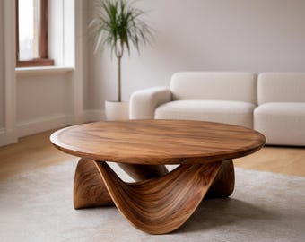Handcrafted Sculptural Round Coffee Table – Solid Wood Center Table | Modern Living room Coffee Table