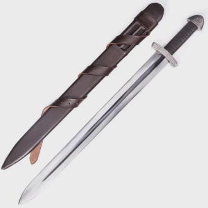 May include: A silver sword with a leather-wrapped handle and a crossguard, next to a brown leather scabbard. The scabbard is wrapped with a leather strap. The sword blade is polished and reflects light.