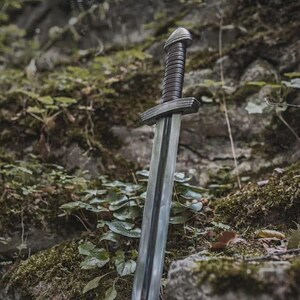 May include: A medieval sword with a silver blade and a dark brown, textured handle. The sword is positioned upright against a backdrop of moss-covered rocks and foliage, creating a rustic aesthetic.