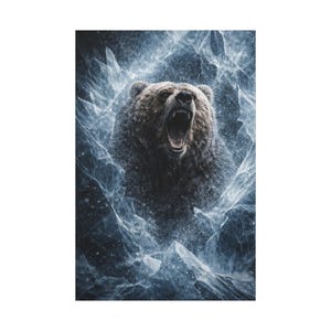 May include: A digital artwork depicting a roaring brown bear emerging from a shattered, icy blue environment. The bear's mouth is open, revealing its teeth. The image has a dramatic and dynamic quality.