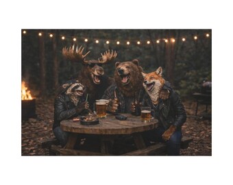 Tela com animais da floresta bebendo cerveja