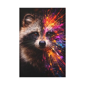 Split Raccoon Portrait Wall Art, Colorful Paint Splash Wildlife Print, Modern Decor