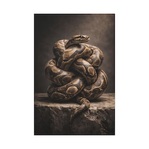 May include: A coiled snake with a brown and tan pattern, resting on a stone surface. The snake's head is raised, and its body is tightly wound. The background is a dark, neutral tone.