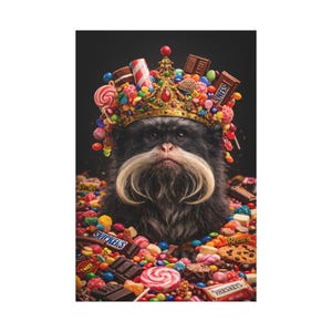 Puede incluir: Imagen caprichosa de un mono con bigote blanco y una corona dorada adornada con caramelos de colores. El mono está rodeado de varios dulces, incluyendo barras de chocolate, piruletas y caramelos, creando una escena vibrante y juguetona.