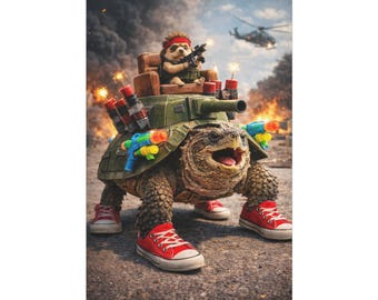 Armed Hedgehog on Tank Snapping Turtle Canvas Print Matte Stretched Canvas