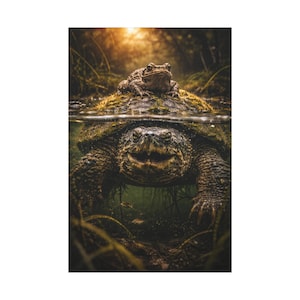 May include: A detailed image of a snapping turtle underwater with a frog perched on its back. The turtle's face is visible, and the frog is in focus. The scene is set in a murky, green environment with sunlight filtering through.