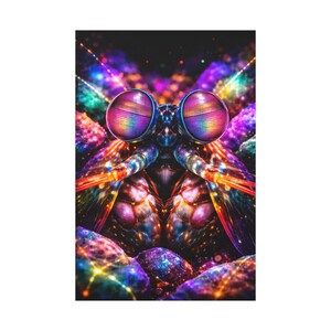 May include: A vibrant, close-up image of a mantis shrimp with large, iridescent eyes. The artwork features a kaleidoscope of colors, including blues, purples, pinks, and oranges, creating a cosmic and otherworldly effect. The image is a digital art print.