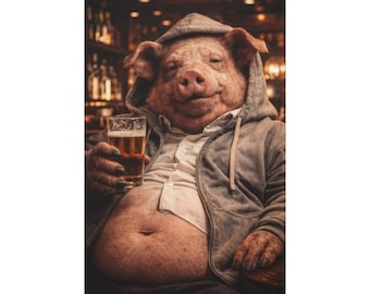 Retrato de Porco Bêbado em Tela Fosca Esticada para Decoração de Parede