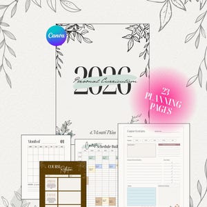 May include: A collection of printable planner pages with a floral design. The pages include a 2020 personal curriculum, a 4-month plan, a course overview, and a course reflection sheet. The planner has 23 planning pages.