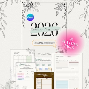 May include: A digital planner with a Canva logo, the text "2020 Personal Curriculum," and "58 Planning Pages." The planner includes course selection, schedule builder, and course reflection pages. The design features floral accents.