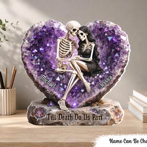 Till Death Do Us Part Skeleton Couple Quartz Heart - Personalized Acrylic Block Plaque, Custom Names Till Death Do Us Part, Gothic Gift