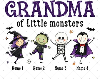 Grandma Mom Of Little Monsters Cute Doodle Characters, Personalized Halloween Kids Name Design, Cute Witch Vampire Skeleton Doodle Png
