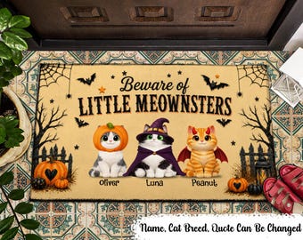 Halloween spettrale, attenzione ai gattini Meownsters - Zerbino personalizzato, zerbino di benvenuto con nome del gatto personalizzato, zerbino carino con gatti di Halloween