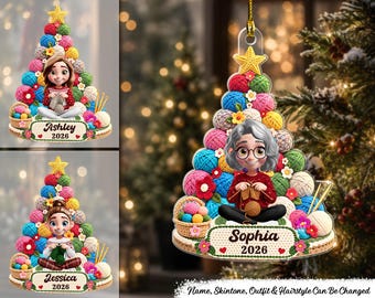 Crocheting Knitting Woman Sitting By Yarn Christmas Tree - Personalized Acrylic Ornament, Custom Yarn Lover Ornament, Knitter Gift