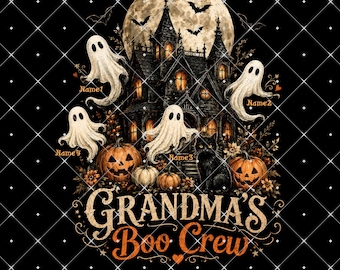 May include: A graphic design featuring a haunted house under a full moon with four white ghosts, two orange pumpkins, and a black cat. The text reads Grandma's Boo Crew, with placeholders Name1, Name2, Name3, and Name4 positioned near each ghost.