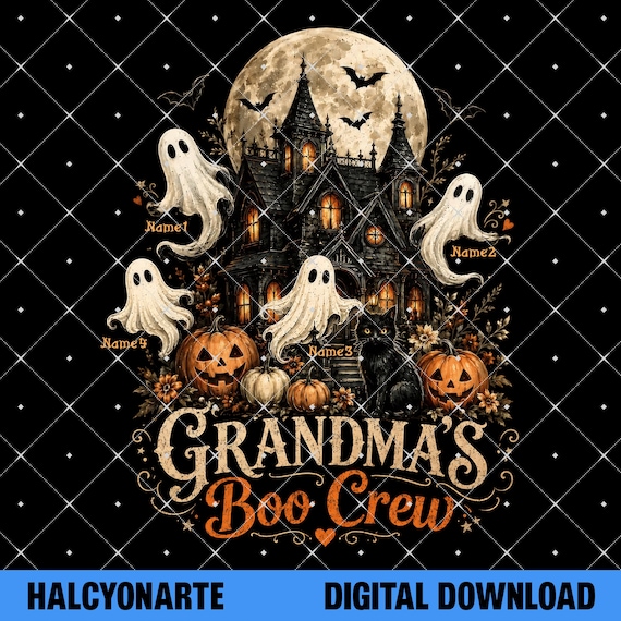 Grandma's Boo Crew Halloween Haunted House, Personalized Grandma's Boo Crew PNG, Custom Haunted House Ghost Family Halloween Shirt Design