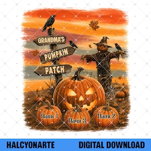 Może przedstawiać: Cyfrowa ilustracja przedstawiająca drewniany drogowskaz z napisem Grandma's Pumpkin Patch, stracha na wróble i kilka dyń. Trzy dynie na pierwszym planie zawierają tekst Name 1, Name 2 oraz Name 3. Scena zawiera czarne wrony i zachód słońca.