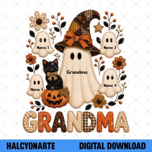 May include: A digital illustration featuring a central ghost wearing a brown plaid witch hat with an orange bow, labelled Grandma. A black cat sits on a pumpkin beside the ghost. Four smaller ghosts are labelled Name 1, 2, 3, and 4. Floral accents surround the figures, and the word GRANDMA is printed in large, plaid-patterned letters at the bottom.