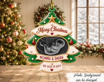 Custom Ultrasound Photo Christmas Tree - Personalized Acrylic Ornament, Custom Pregnancy Announcement Ornament, First Baby Keepsake