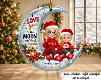 Cute Grandma Grandkids Sitting on Moon - Personalized Acrylic Ornament, Grandma and Grandkids Ornament, Custom Family Moon Ornament