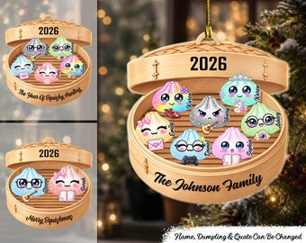 Cute Dumpling Family Squishy Hunting Crew - Personalized Acrylic Ornament, Custom Cute Character Ornament, Family Name Tree Decoration