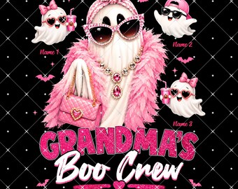 May include: A graphic design featuring a central ghost wearing a pink leopard print headband, sunglasses, a crystal necklace, and a pink feather boa, holding a quilted pink handbag. Three smaller ghosts surround it, with the text Grandma's Boo Crew.