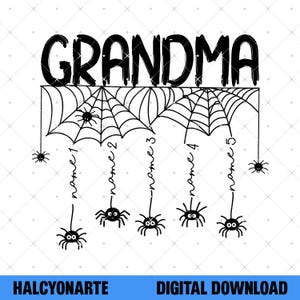 May include: A black and white digital graphic featuring the word GRANDMA in a stylized font above spider webs. Five spiders hang from the webs, each attached to a vertical line labeled name 1, name 2, name 3, name 4, and name 5.