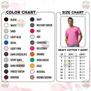 May include: A color chart and size chart for a heavy cotton t-shirt. The color chart displays various colors, including black, navy, red, and orange. The size chart shows a person wearing a pink t-shirt and lists sizes from S to 5XL, with width and length measurements in inches.