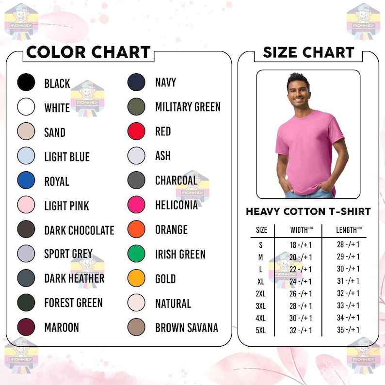 May include: A color chart and size chart for a heavy cotton t-shirt. The color chart displays various colors, including black, navy, red, and orange. The size chart shows a person wearing a pink t-shirt and lists sizes from S to 5XL, with width and length measurements in inches.