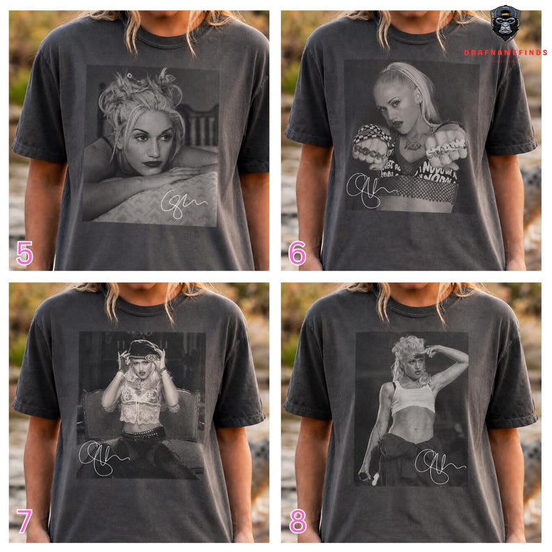 Peut inclure: T-shirts gris fonc&eacute; avec des portraits en noir et blanc d'une femme blonde. Chaque t-shirt pr&eacute;sente une image diff&eacute;rente, avec la femme dans diverses poses, et comprend une signature. Les t-shirts sont probablement de style vintage ou r&eacute;tro.