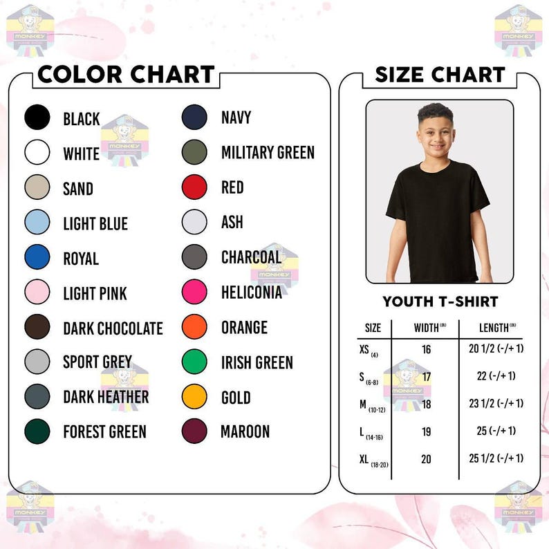 May include: A color chart and size chart for youth t-shirts. The color chart displays various colors, including black, navy, and red. The size chart shows a young person wearing a black t-shirt, with measurements in inches for width and length.