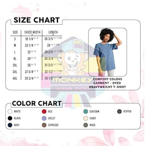 May include: A size chart and color chart for a heavyweight t-shirt. The size chart shows chest width and length in inches for sizes S to 4XL. The color chart displays available colors: white, black, navy, red, violet, espresso, seafoam, ivory, moss, and pepper.