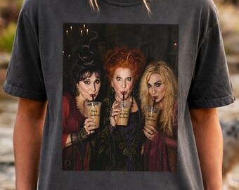 Vintage Witch Trio Graphic Tee, Hocus Pocus Iced Coffee Halloween T-shirt, Charcoal Halloween Shirt, Spooky Season, Oversized Gothic Fall