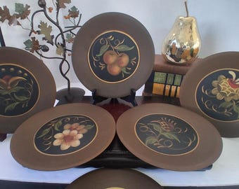 Vintage Tom Fitz Simons Vermont handbeschilderde houten borden/toleware volkskunst; set van 6!