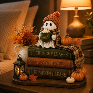 Può includere: Una statuetta decorativa a forma di fantasma con berretto in maglia arancione e sciarpa a quadri, che regge una tazza verde con disegno di zucca. Poggia su una pila di tre libri intitolati Crunchy Leaves, Cozy Nights e Pumpkin Please.